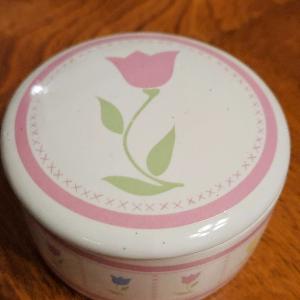 vintage ceramic trinket box pink tulip design ftda 1987 rare find